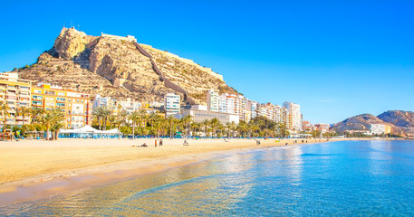 Postiguet beach and coastline in Alicante, Spain - obrazy, fototapety, plakaty
