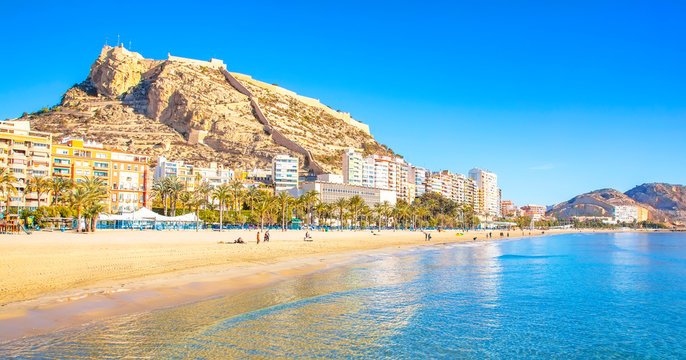 Postiguet beach and coastline in Alicante, Spain
