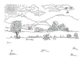 Natural landscape freehand drawing with editable stroke and grouped elements