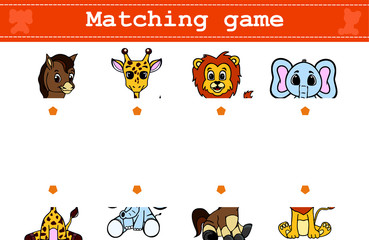 Educational matching  game for preschool children with funny animals. Vector illustration for children's magazines and preschool institutions