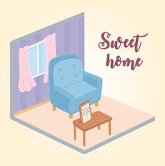 sweet home armchair table with picture frame window isometric design