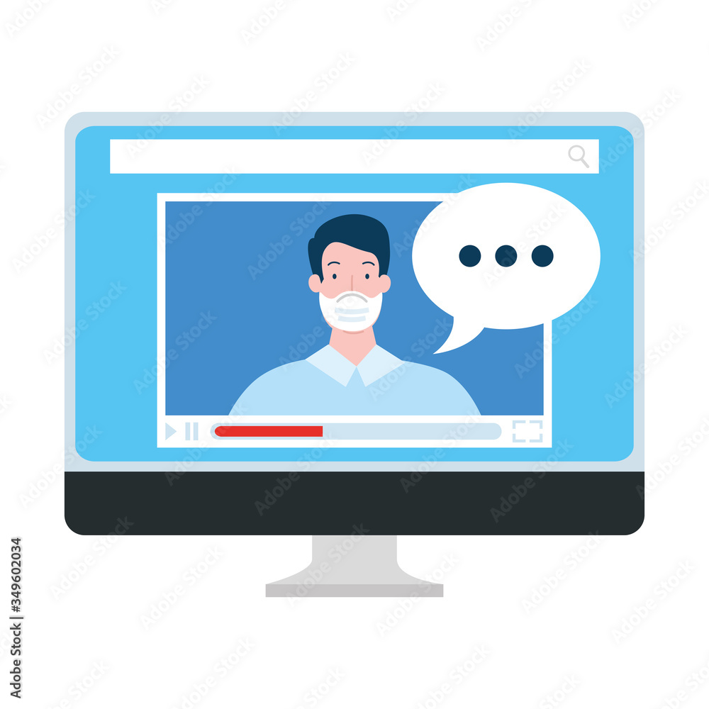 Poster man using face mask in computer vector illustration design