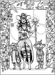 Dark Mouse Queen with large ears and many eyes, with little crown and collar on neck, in a beautiful dress with straps, holds a magic staff in a hand, two small mice stand nearby musketeer and serf.