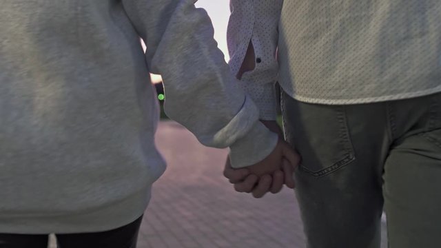 Young lovely couple holds hands adn walks in the summer park in the evening