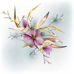 Shining flowers composition.Abstract spring flowers, gold leaves.