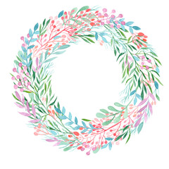 Obraz premium Round frame with watercolor wreath of delicate branches. Place for your text. Hand painted spring wreath. Raster illustration. Perfect for greetings, invitations, announcement, web design.