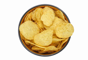 Bowl with chips isolated on a white background. Top view