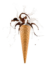 vanilla and chocolate waves splashing from ice cream cone, isolated on white background