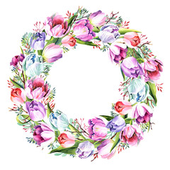 Fototapeta premium Round frame with watercolor tulips. Place for your text. Hand painted spring wreath. Raster illustration. Perfect for greetings, invitations, announcement, web design.