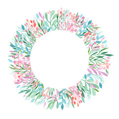 Round frame with watercolor wreath of delicate branches .  Place for your text. Perfect for greetings, invitations, announcement, web and wedding design. Raster.
