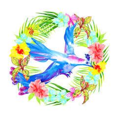 Beautiful peacock bird in a floral wreath of tropical flowers, watercolor illustration isolated on white.