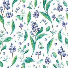 Seamless pattern with watercolor privet and snowberry. Branches and berries. Perfect for greetings, invitations, manufacture wrapping paper, textile, wedding and web design. Raster illustration.