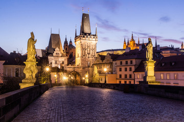 View from the Charles bridge to the Lesser Town (Mala Strana) in the evening, Czechia