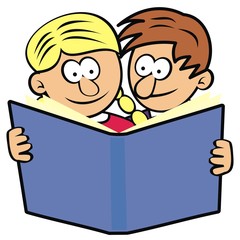 Boy and girl with book, funny vector illustration. Color picture on white background.