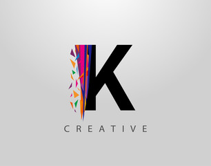 Creative Letter K Logo. Mosaic Abstract K letter design, made of various Strips shapes in color.