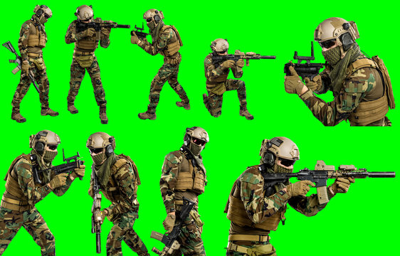 US marine corps soldier with rifle. Shot in studio. Isolated with clipping path on green chroma key background