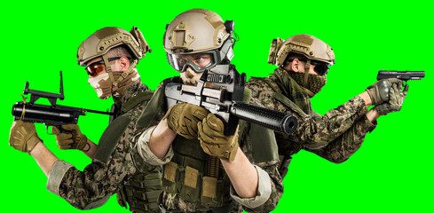 Male in uniform of Tactical Units of Police with submachine gun P90. Shot in studio. Isolated with...