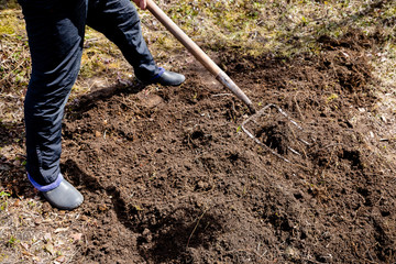 Farmer working in the garden in spring. Organic fertilization of the grass field, preparing garden for digging and planting.Agriculture, farming, organic gardening