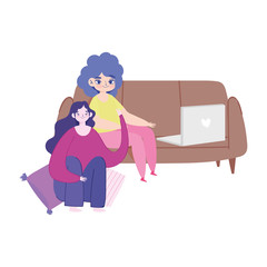 working remotely, young women with laptop on sofa and floor cartoon