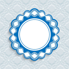 Fototapeta premium Round label in nautical style. Elegant circle frame with wavy border pattern. Cutout paper wave decoration on ornamental background. Scrapbook layout or wedding invitation card template. 