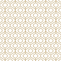 Abstract simple pattern with golden honeycomb grid. Gold and white geometric background. Modern seamless texture in minimal style.