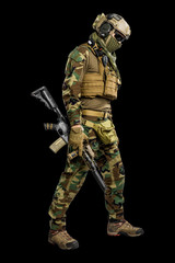 US marine corps soldier with rifle. Shot in studio. isolated with clipping on black background.