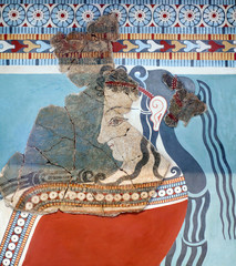 Mycenaean fresco wall painting depicting a woman in Tiryns palace, Mycenae, Greece