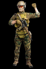 US marine corps soldier with rifle. Shot in studio. isolated with clipping on black background.