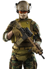 Fototapeta premium US marine corps soldier with rifle. Shot in studio. isolated with clipping on white background.