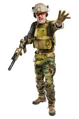 US marine corps soldier with rifle. Shot in studio. isolated with clipping on white background.