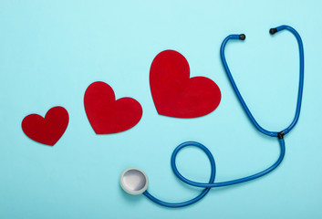 Stethoscope with hearts on a blue pastel background. Top view