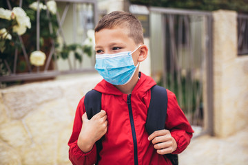 Child wear facemask during coronavirus and flu outbreak. The boy wear a mask before going to school preventing outbreak Infectious disease and dust in the air.