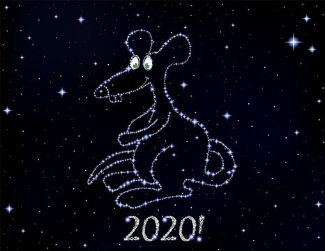 Happy New Year vector illustration with the rat, made of stars -- symbol of 2020 year 