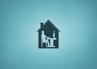 An illustration of a house including a person working on a computer with copy space and subtle textures and aqua color palette