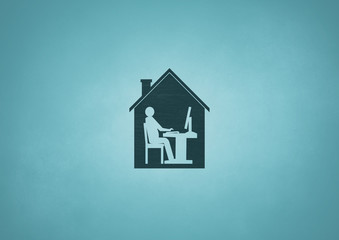 An illustration of a house including a person working on a computer with copy space and subtle textures and aqua color palette