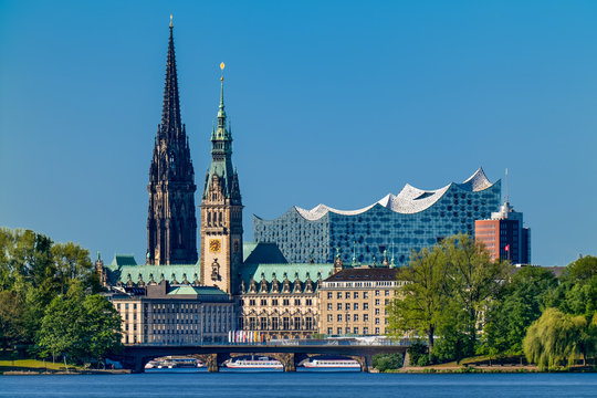 Hamburg, Germany. View of skyline downtown on a sunny day.