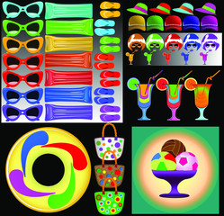 Vector images of colorful beach accessories.