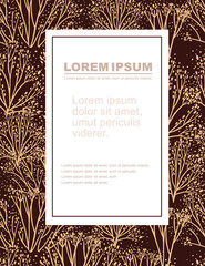 Advertising flyer or greetings card design with beige coral seaweeds silhouettes flat vector illustration on brown background