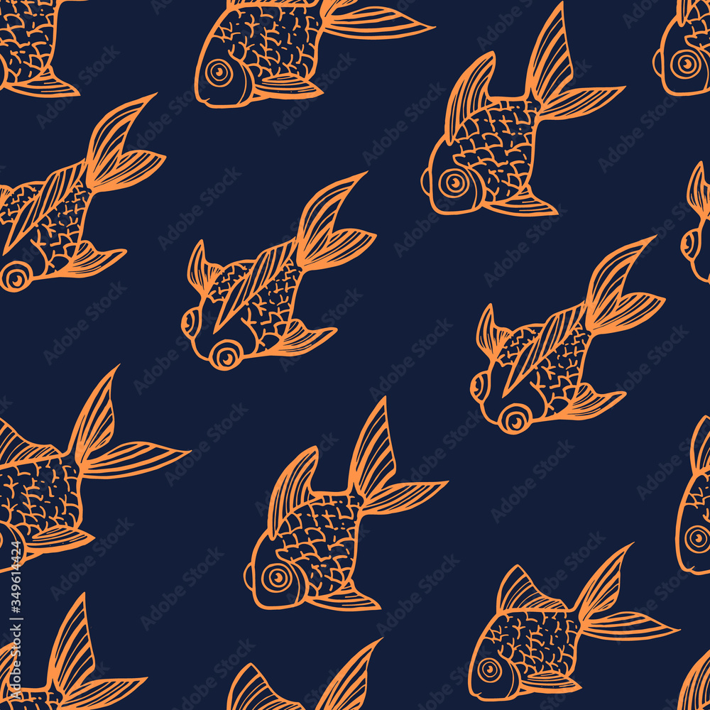 Wall mural seamless pattern golden fish orange outline icon golden fish in different angles flat vector illustr - Wall murals