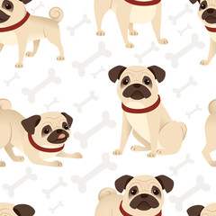 Seamless pattern cute small friendly pug dog cartoon domestic animal design flat vector illustration on white background with bones
