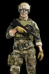 US marine corps soldier with weapon. Shot in studio. isolated with clipping on black background.