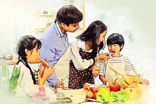 Abstract colorful happiness family cooking and fun in kitchen room on watercolor illustration painting background.