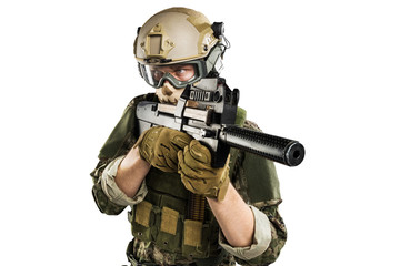Fototapeta premium US marine corps soldier with weapon. Shot in studio. isolated with clipping on white background. 