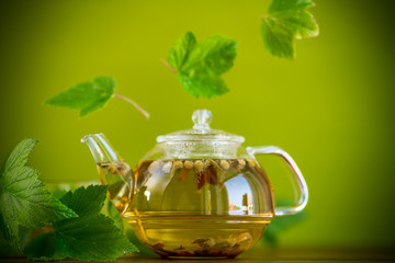summer refreshing organic tea from currant leaves in a glass teapot