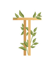 Letter T with gradient style beige color covered with green leaves eco font flat vector illustration isolated on white background