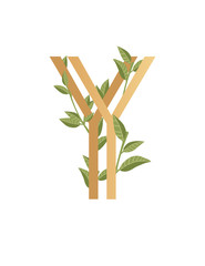 Letter Y with gradient style beige color covered with green leaves eco font flat vector illustration isolated on white background