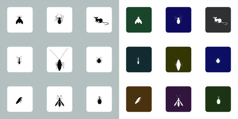 Disinfection icons:9 set black silhouette on a white background and 9 set white silhouette on a color background: fly, spider, rat, ant, cockroach, bed bug, flea, wasp, mite.
