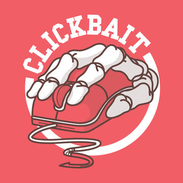 Skeleton Hand with a computer mouse vector illustration. Clickbait, technology, communication design concept