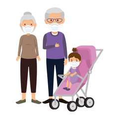 grandparents with granddaughter using face mask vector illustration design