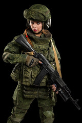 female in russian mechanized infantry uniform on black background.